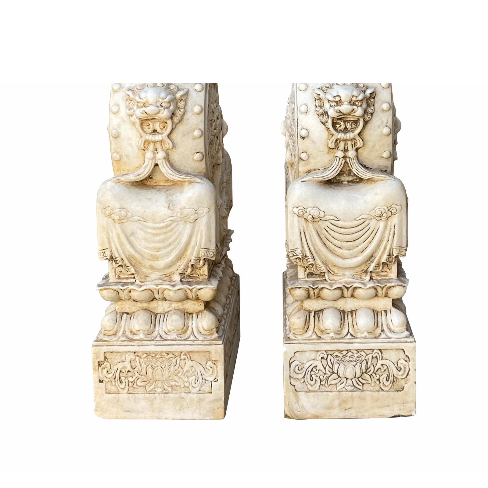 Chinese Pair White Marble Stone Fengshui Foo Dogs Door Block Drum Statue - 3