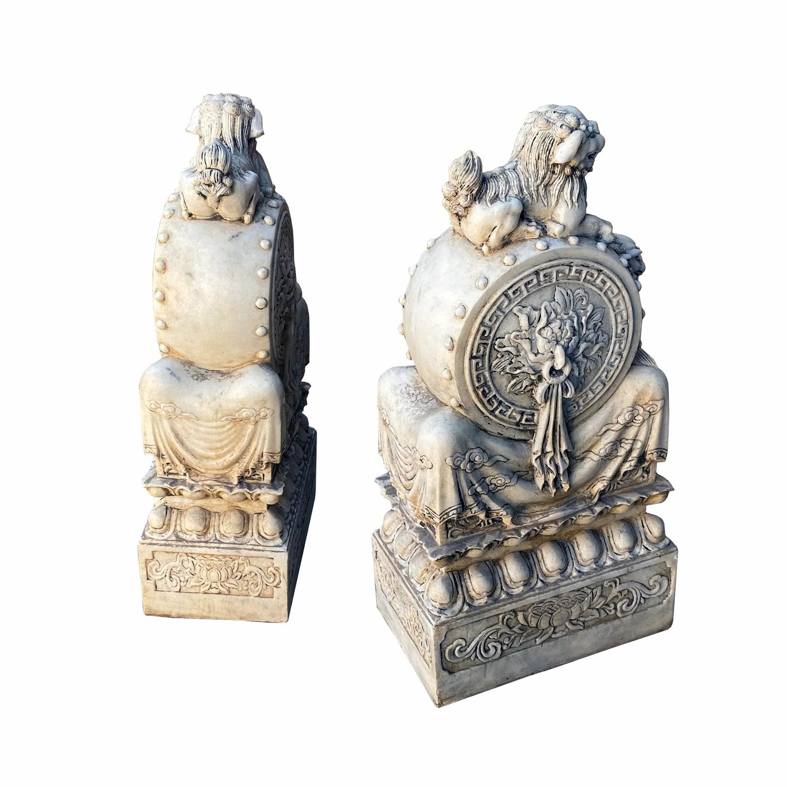 Chinese Pair White Marble Stone Fengshui Foo Dogs Door Block Drum Statue - 4