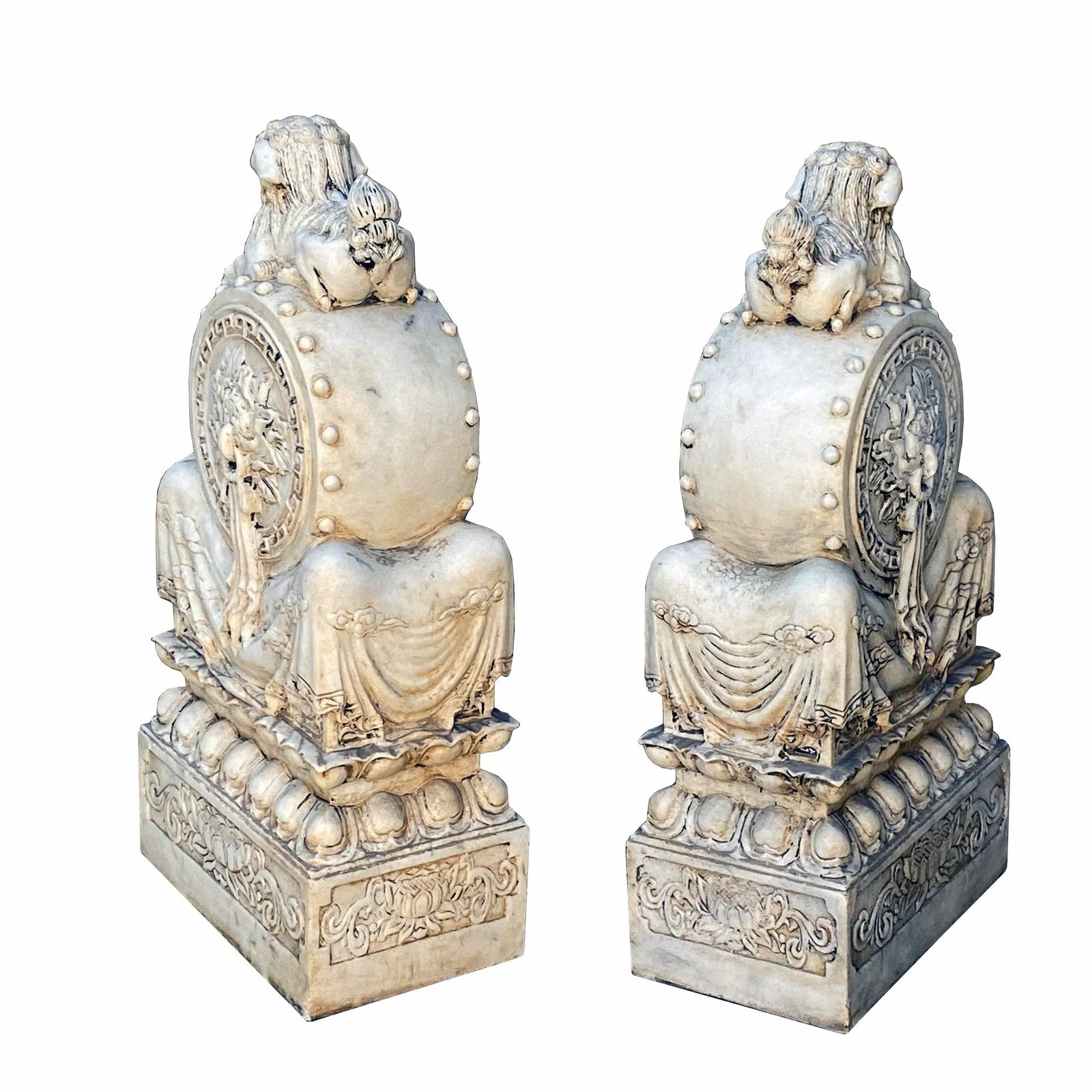 Chinese Pair White Marble Stone Fengshui Foo Dogs Door Block Drum Statue - 5