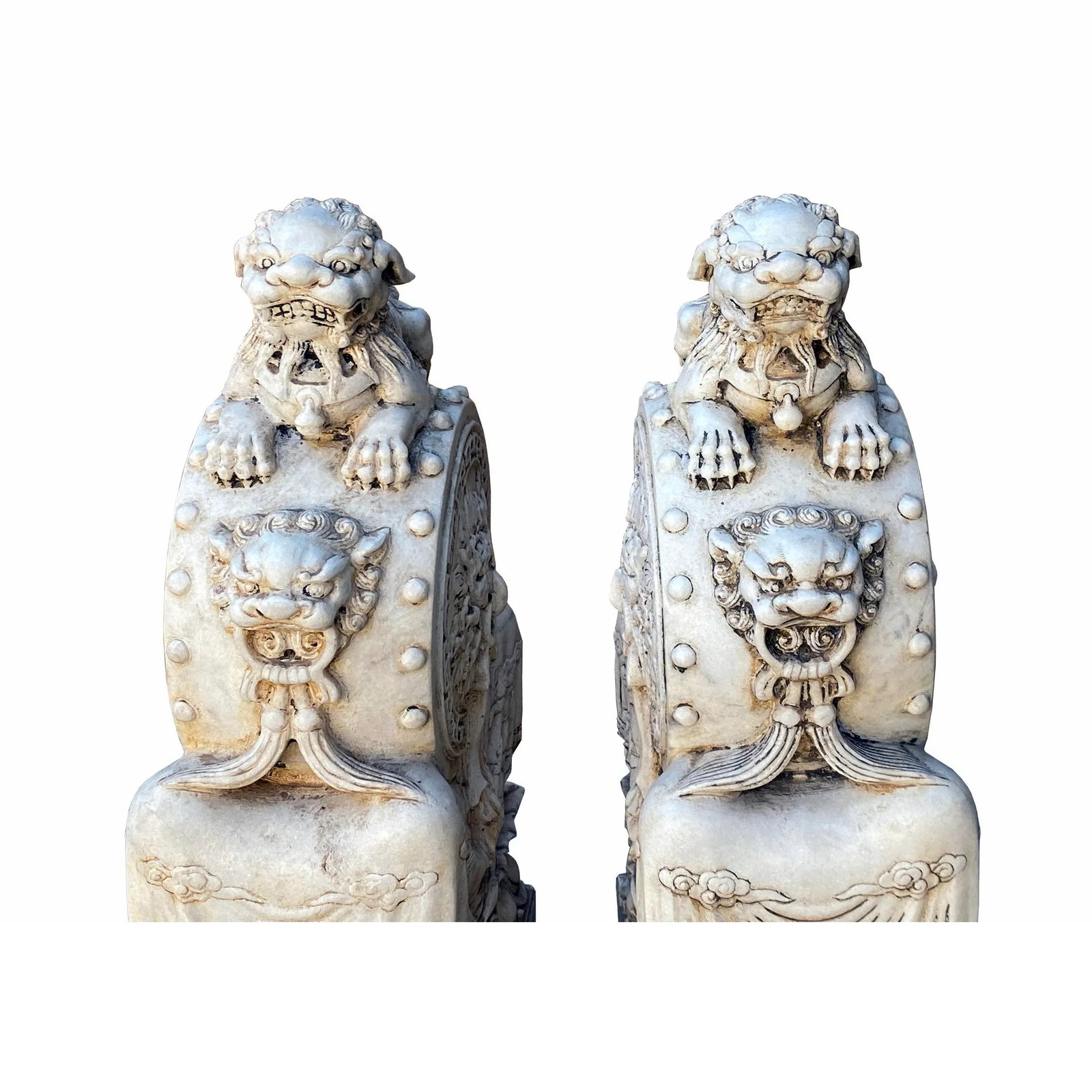 Chinese Pair White Marble Stone Fengshui Foo Dogs Door Block Drum Statue - 6