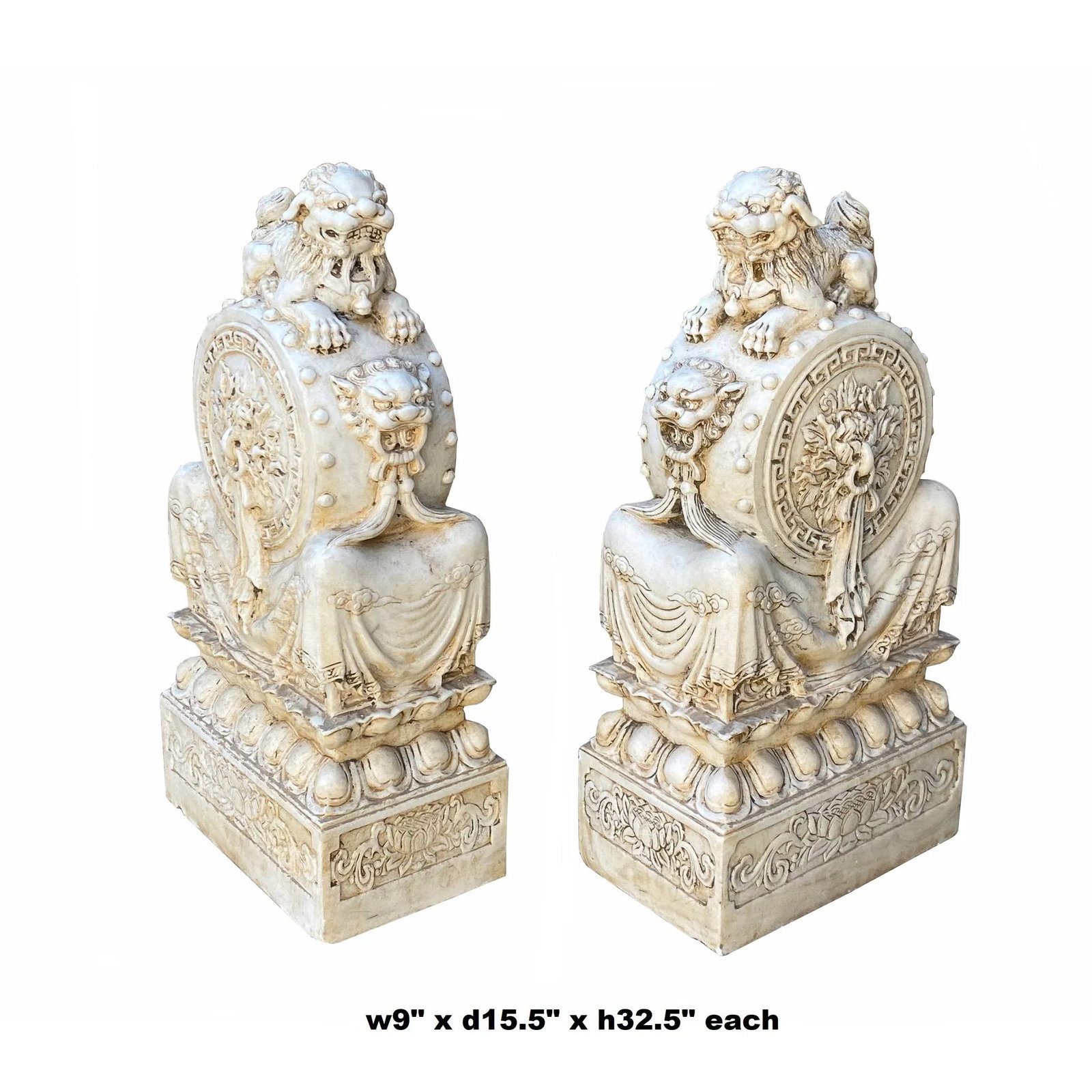 Chinese Pair White Marble Stone Fengshui Foo Dogs Door Block Drum Statue - 7