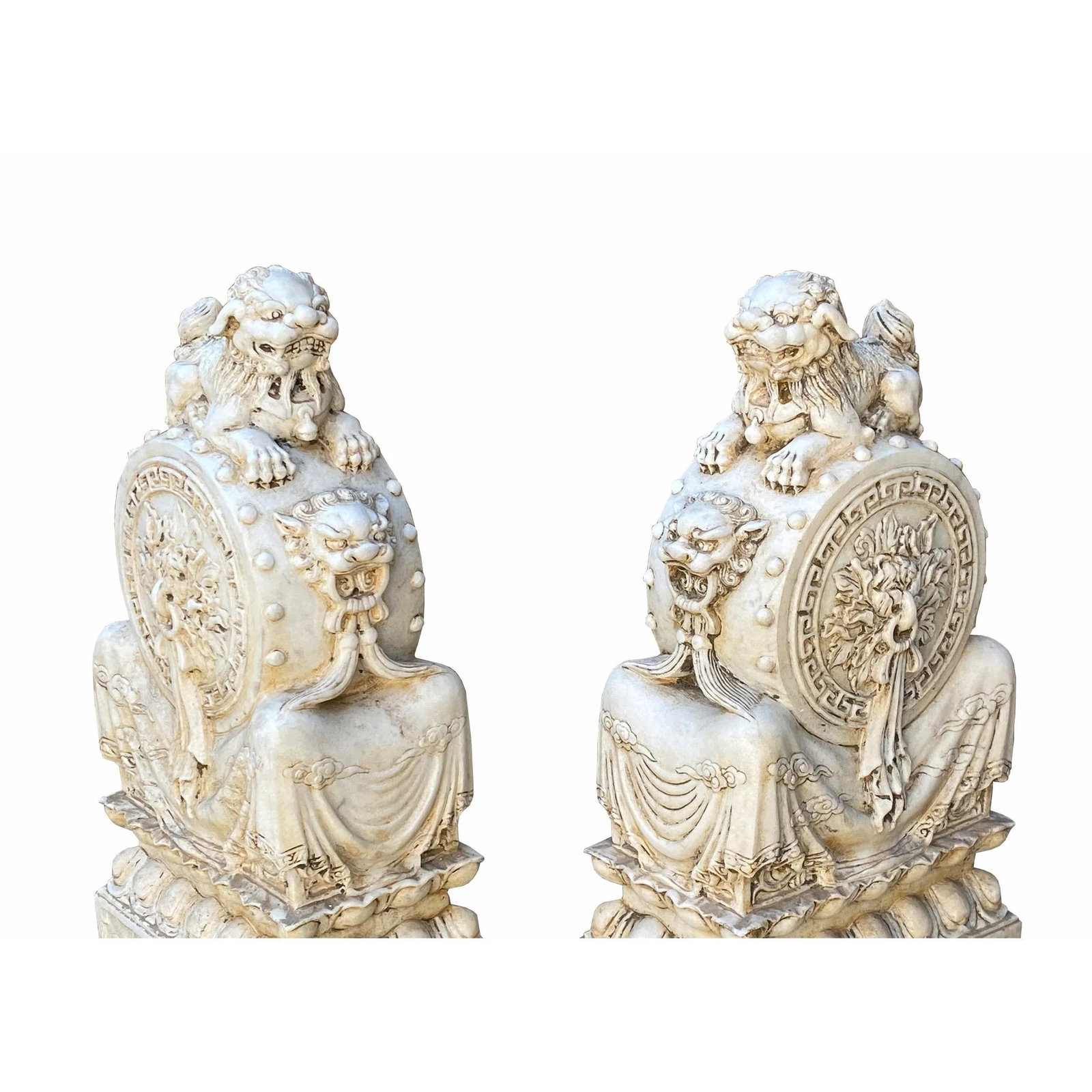 Chinese Pair White Marble Stone Fengshui Foo Dogs Door Block Drum Statue - 8