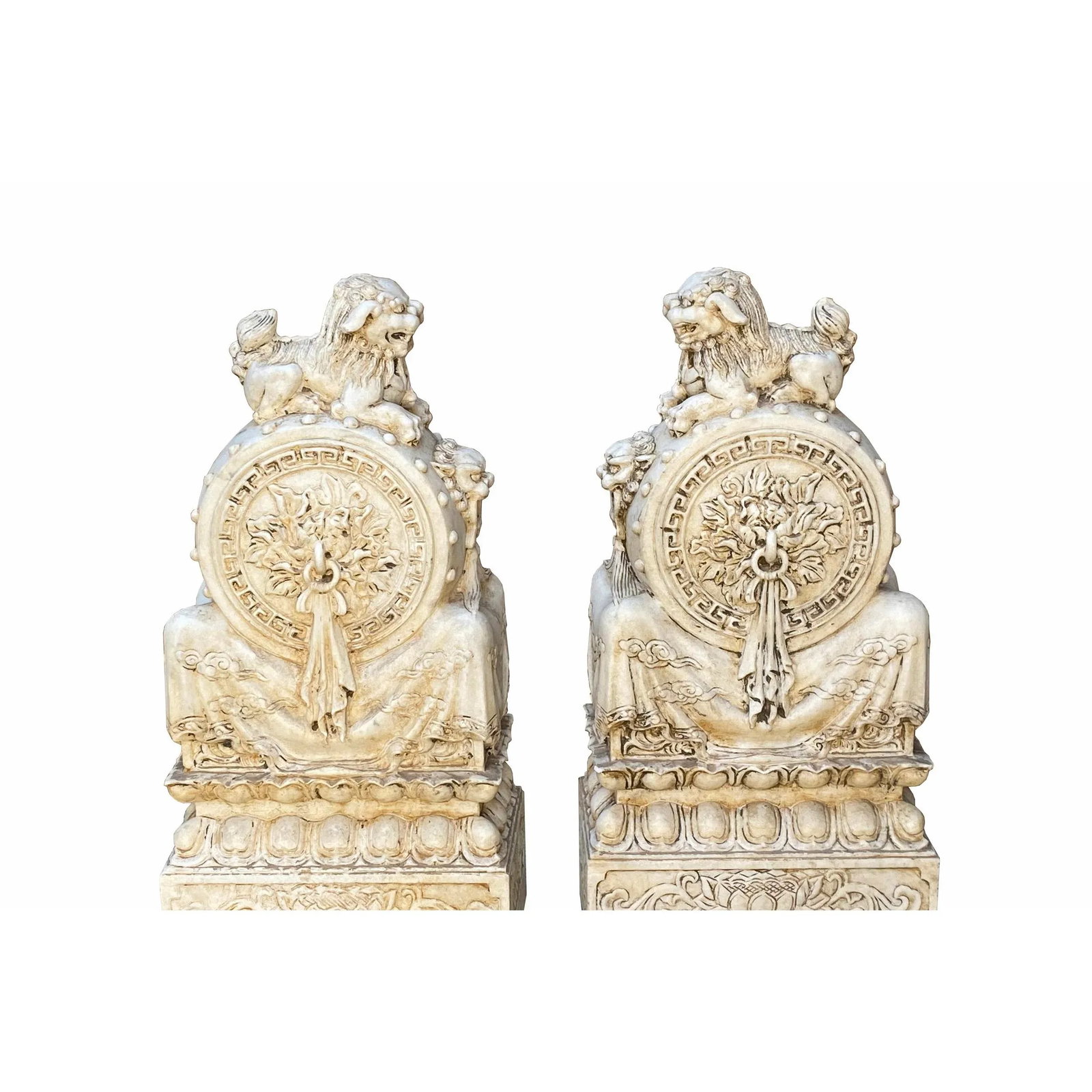 Chinese Pair White Marble Stone Fengshui Foo Dogs Door Block Drum Statue - 9