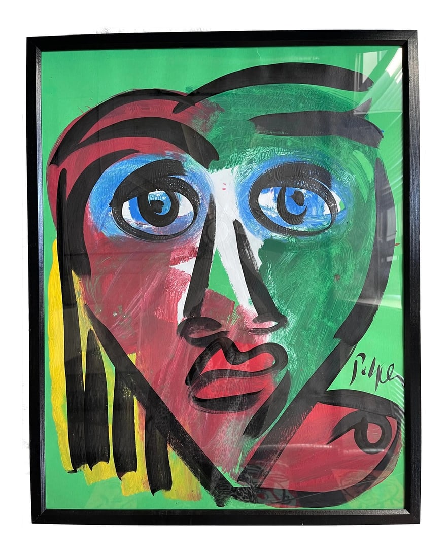 Contemporary Abstract Face Portrait Painting by Peter Keil, Framed: Peter Keil is a German artist that focuses primarily on abstract expressionism. Keil painted with some of the greats including Joan MirÃ³, Pablo Picasso and Andy Warhol, to name a few. This 
