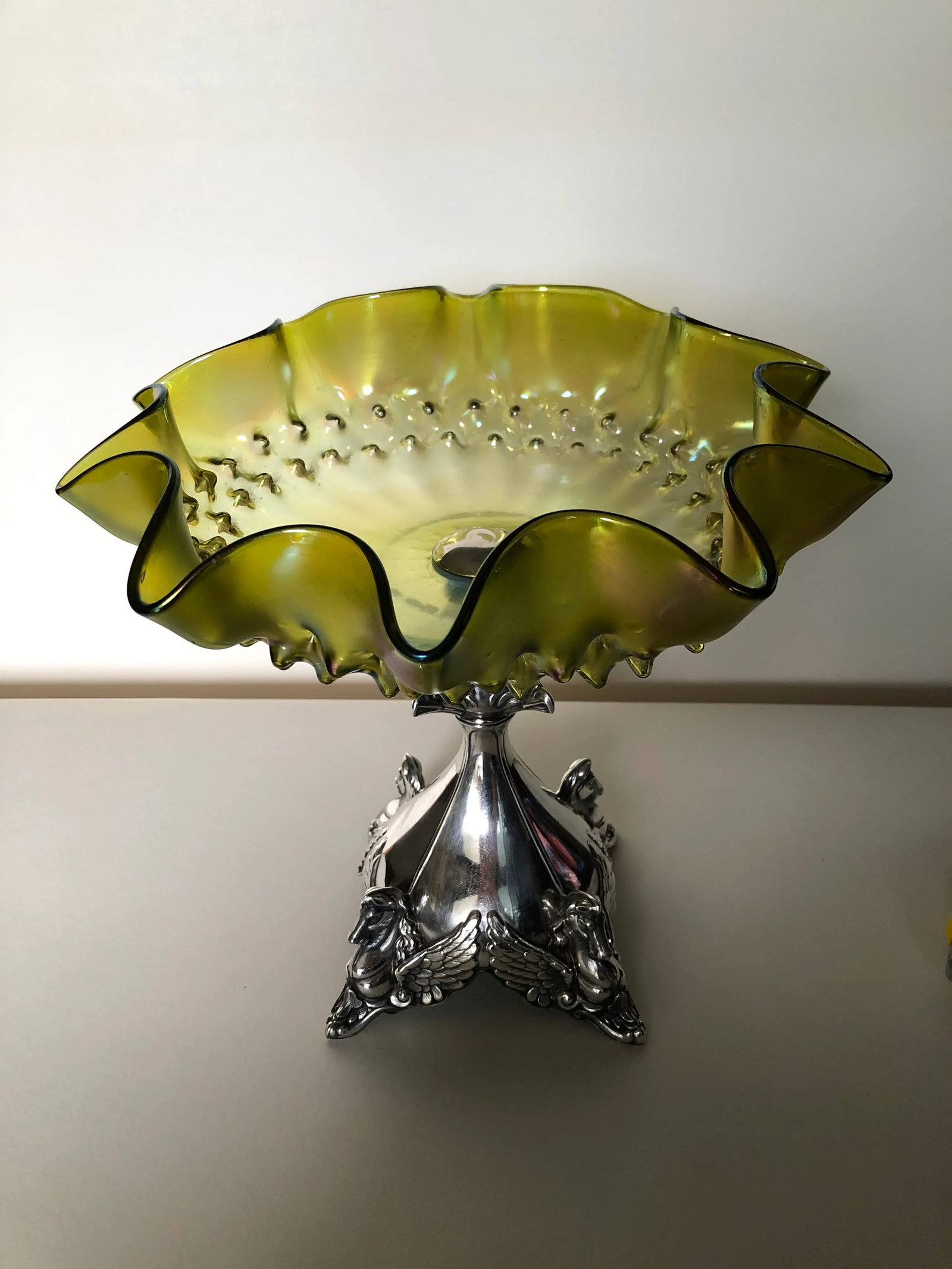 Antique Austrian Loetz-Style Art Glass Centerpiece With 800 Silver Pegasus Mount - 2