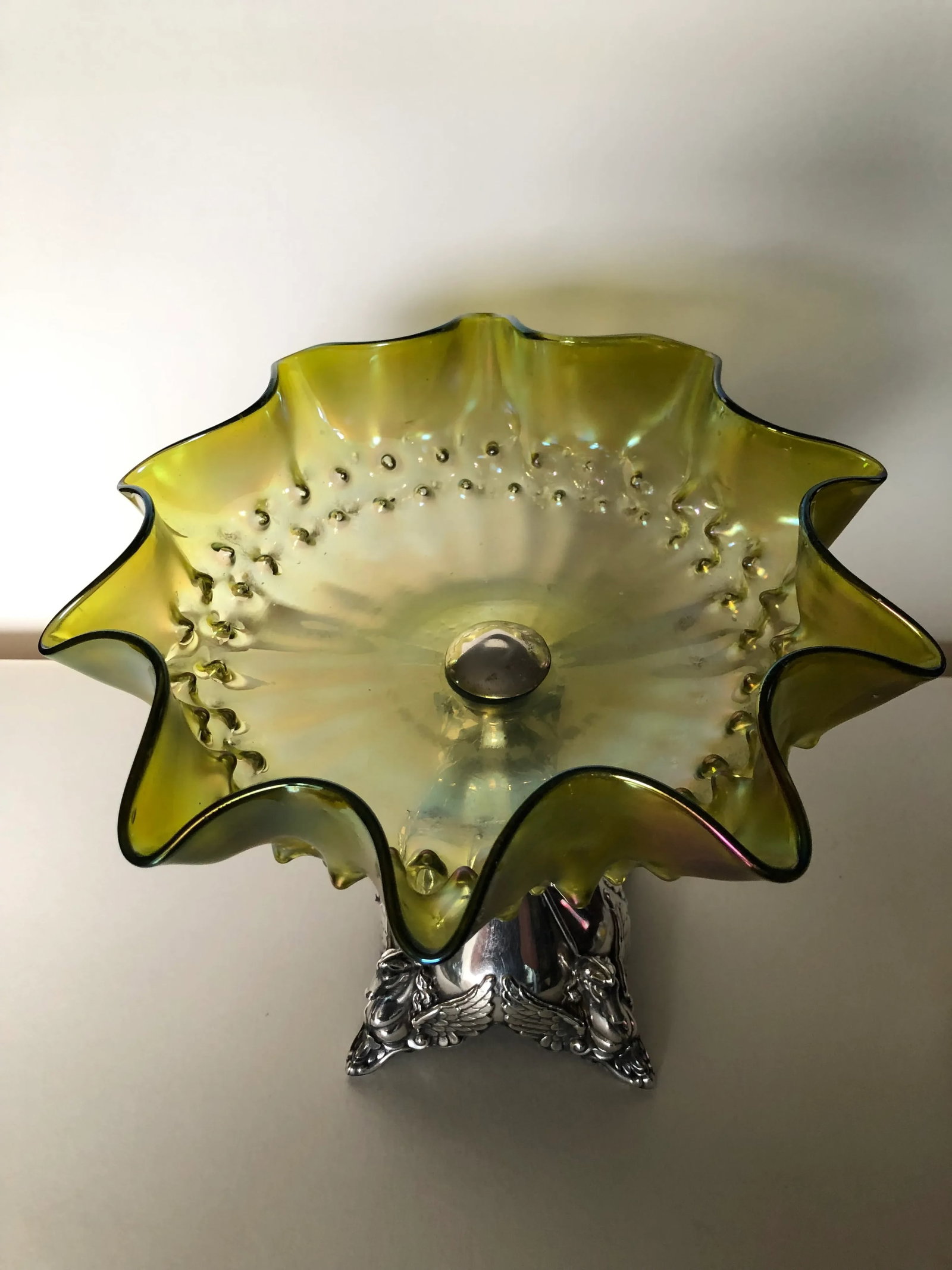 Antique Austrian Loetz-Style Art Glass Centerpiece With 800 Silver Pegasus Mount - 3