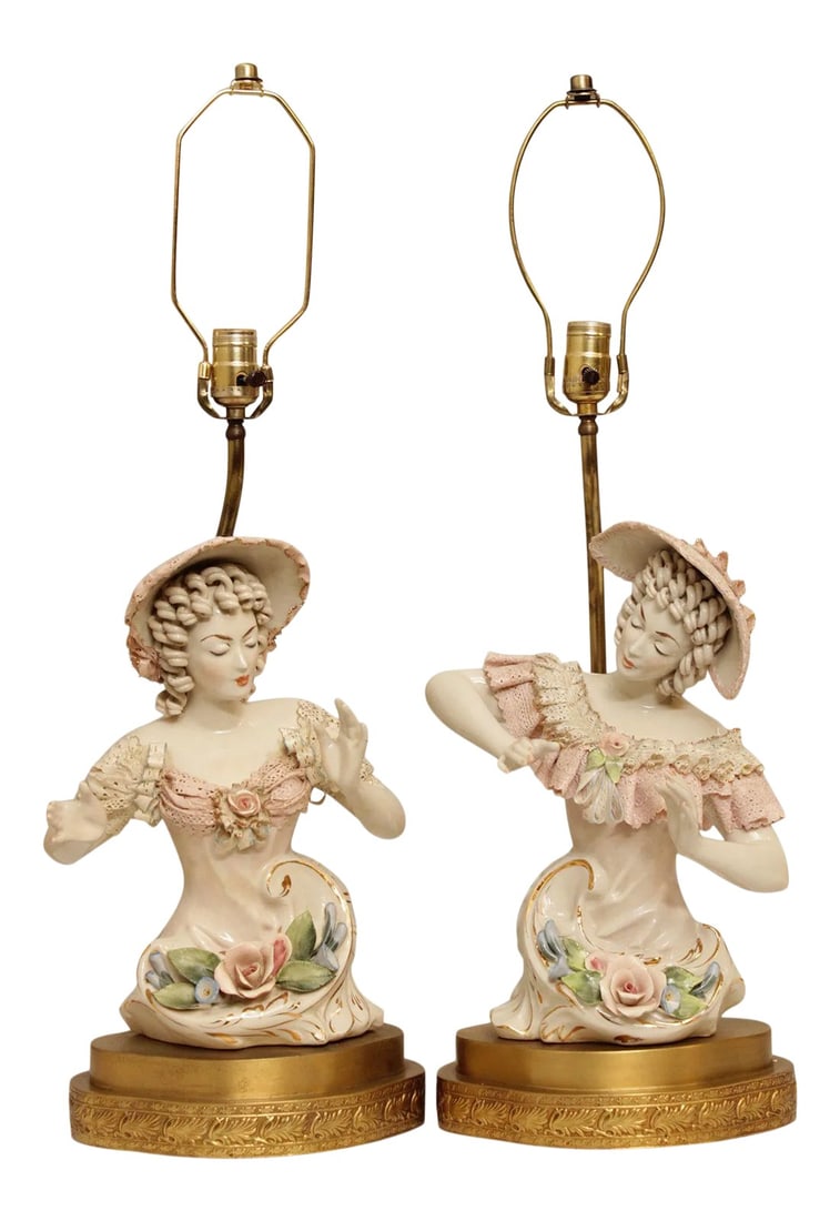 Vintage Porcelain Figurine Table Lamps - A Pair: Vintage Pair of Rococo Revival Style Porcelain Figurine Lamps with Brass Base Most Likely by Cordey or Dresden (Not Labeled) Store Item#: 32270 Condition: Alterations: Original Condition Unaltered