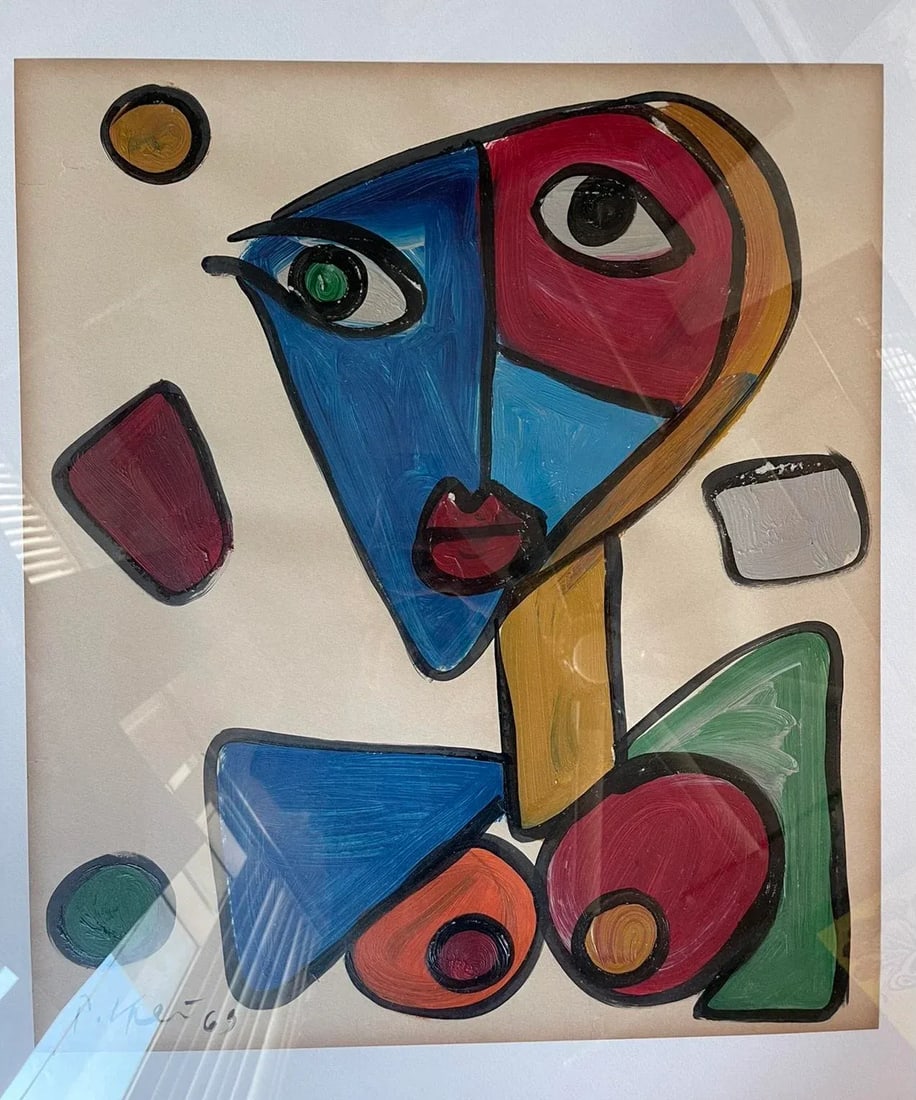 Mid 20th Century Cubist Style Face Portrait Painting by Peter Keil, Framed - 3