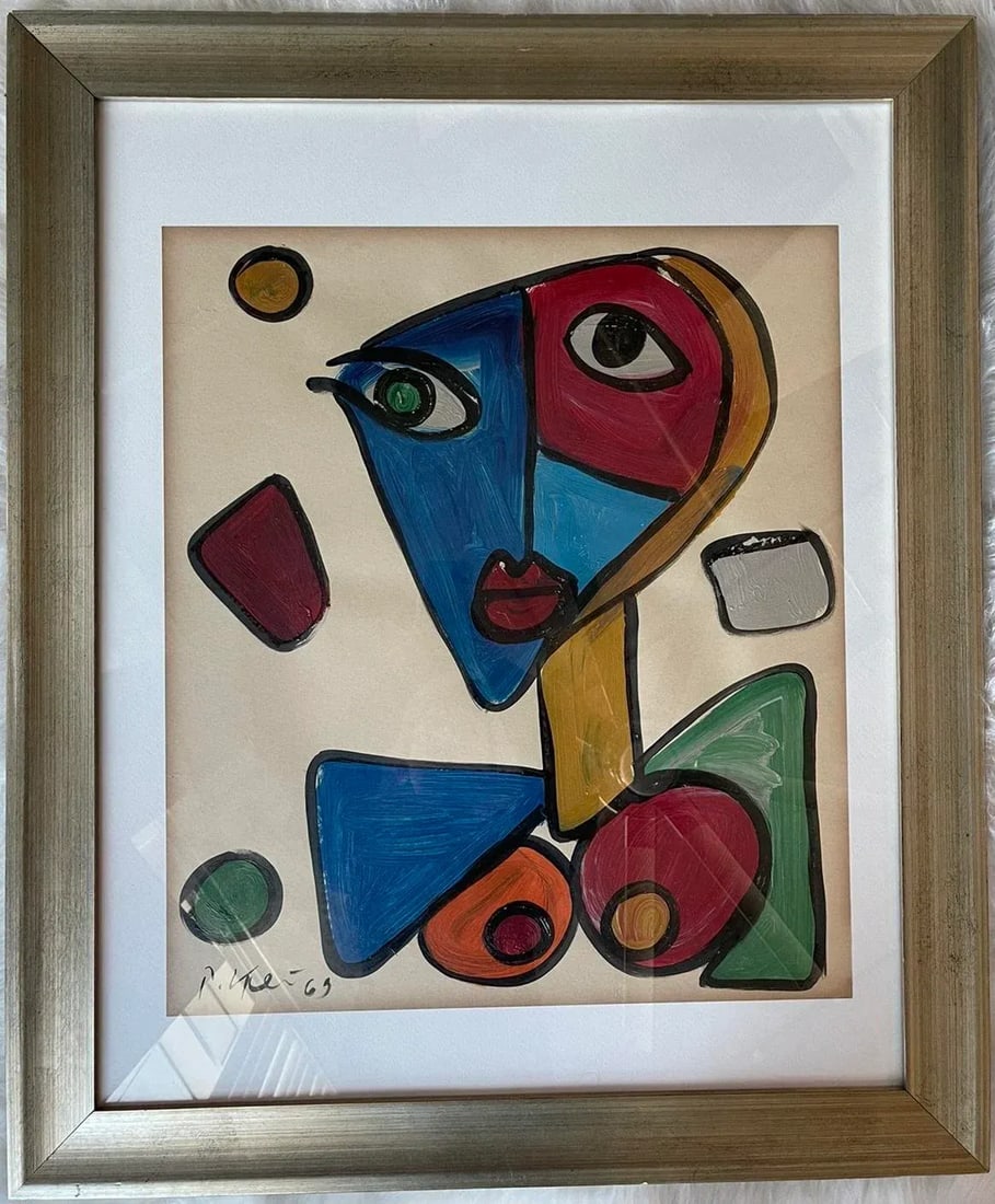 Mid 20th Century Cubist Style Face Portrait Painting by Peter Keil, Framed - 5