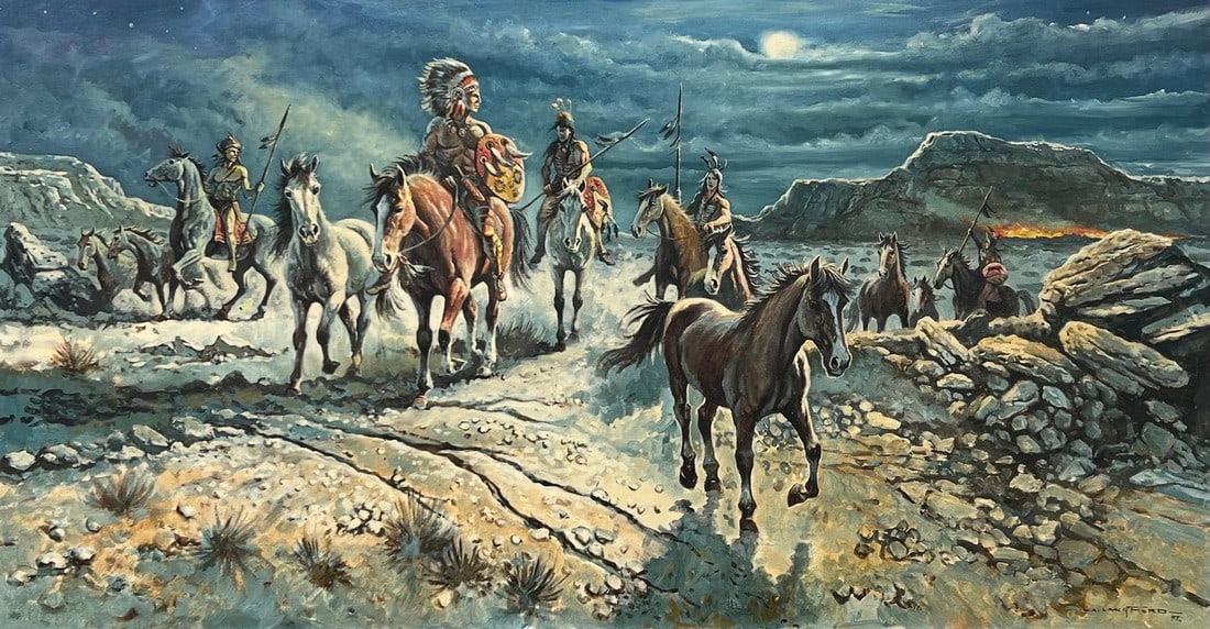 Native American Indian Warriors on Horseback with Dramatic Moonlit Landscape 1997: Native American Indian Warriors on Horseback with Dramatic Moonlit Landscape Oil Painting by British Artist. Art measures 49 x 26 inches Unframed Born in 1952 in Bournemouth, Alan Langford is a