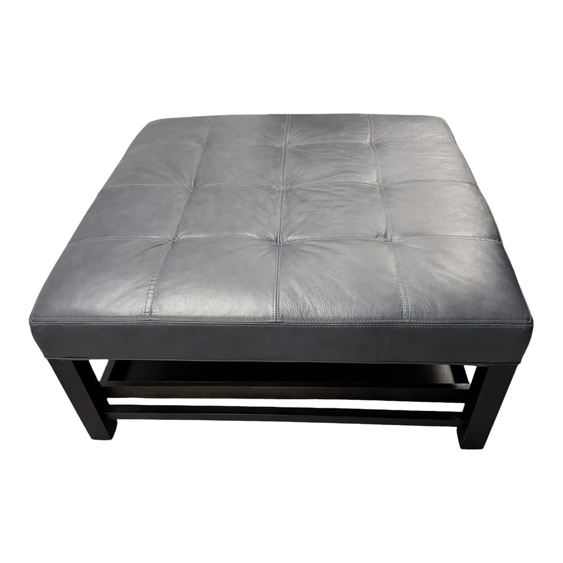 Arhaus Camden Collection Butler Leather Ottoman in Slate Showroom Sample: Quick Hits: Arhaus Camden Collection Butler leather ottoman (Slate) Showroom sample in excellent, near-pristine condition Upholstered in slate leather with a stitched grid pattern Features a slatted