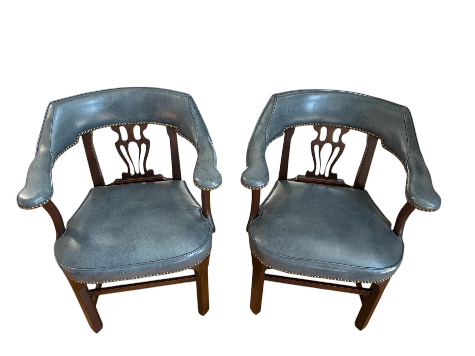Late 20th Century Pair of Blue Leather Banker's Chairs Attributed to Barrit - 2