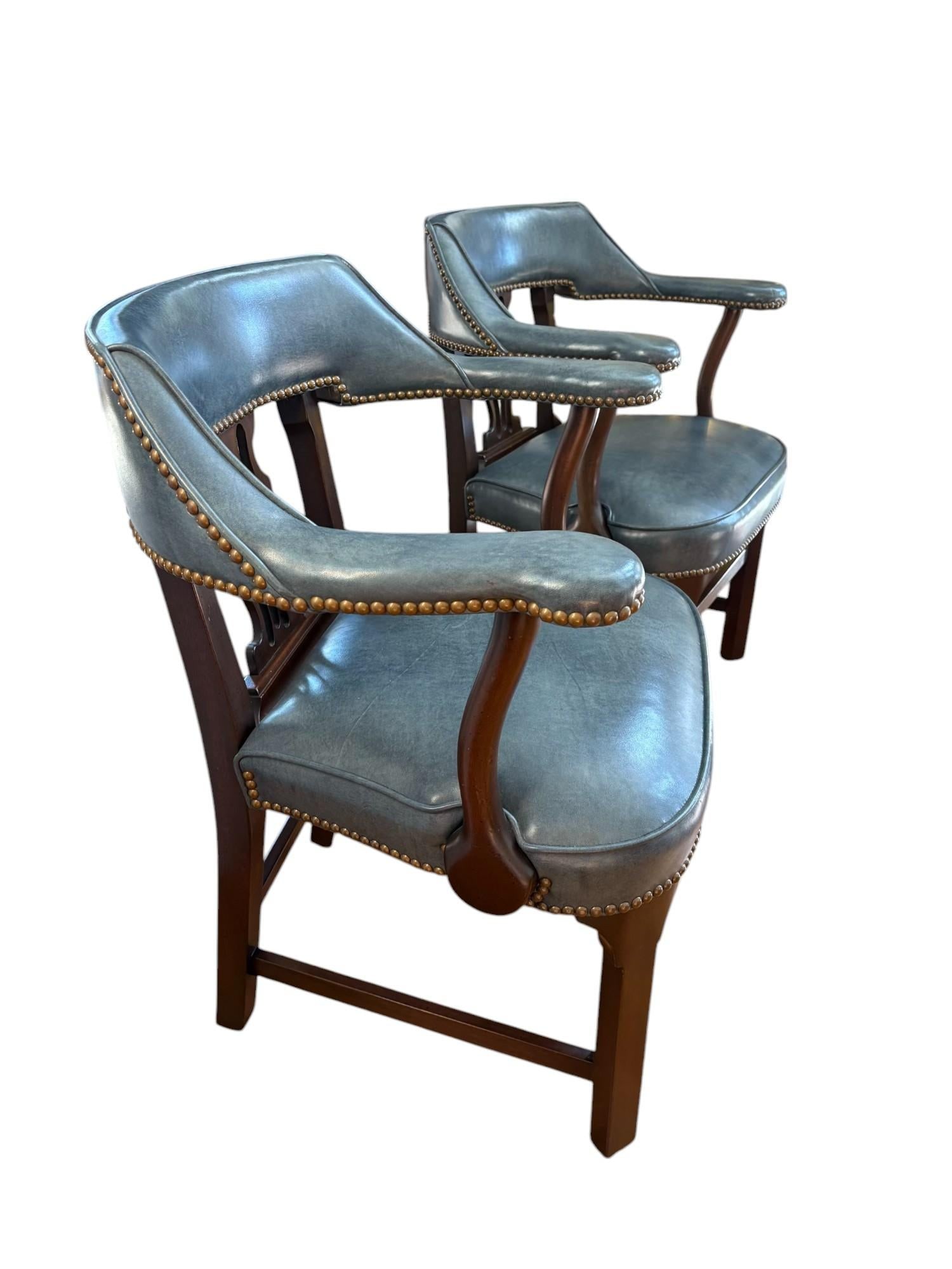 Late 20th Century Pair of Blue Leather Banker's Chairs Attributed to Barrit - 5