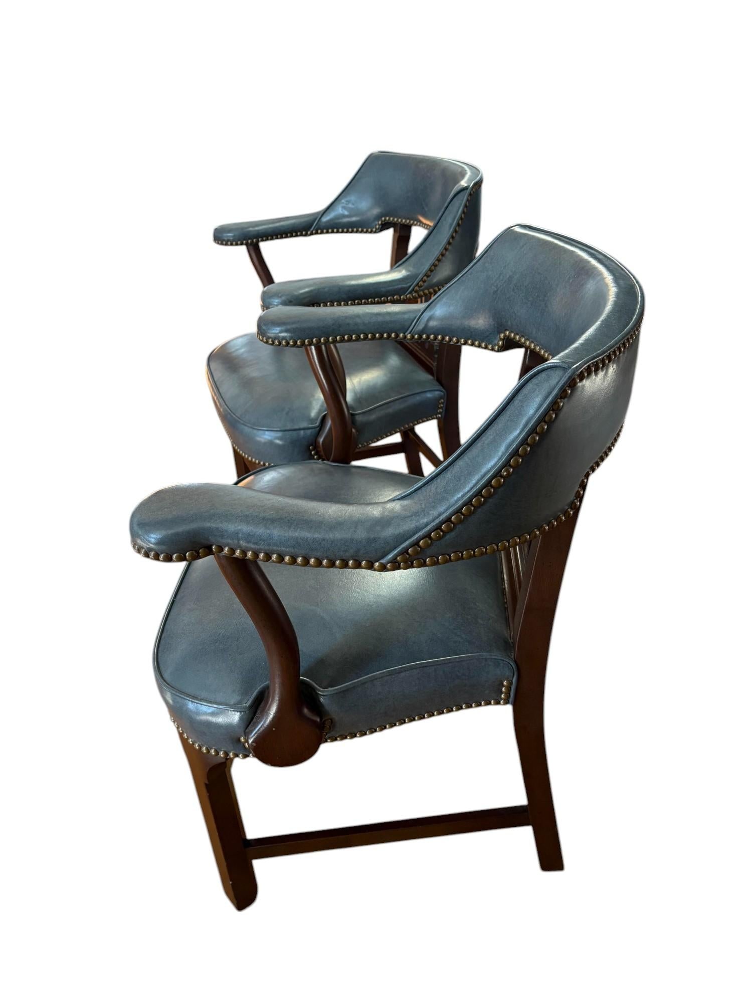 Late 20th Century Pair of Blue Leather Banker's Chairs Attributed to Barrit - 6