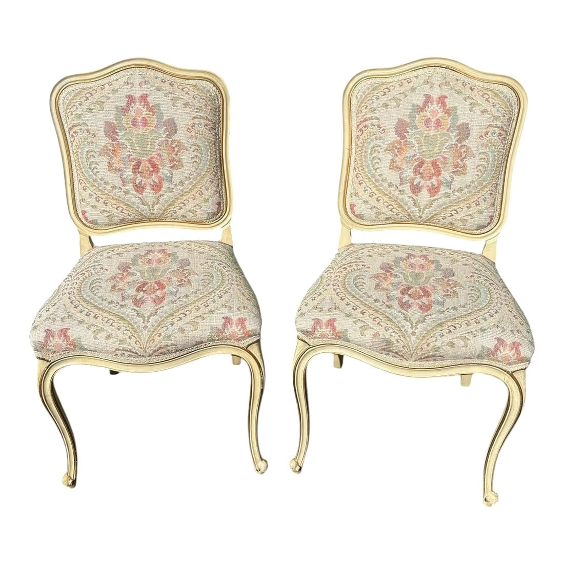 Mid 20th Century Pair of Drexel Attributed Louis XV French Provincial Side Chairs: Quick Hits: Mid-20th-century Louis XV–style side chairs (pair) Attributed to Drexel, known for quality craftsmanship Painted and parcel-gilt wood frames with floral upholstery French Provincial