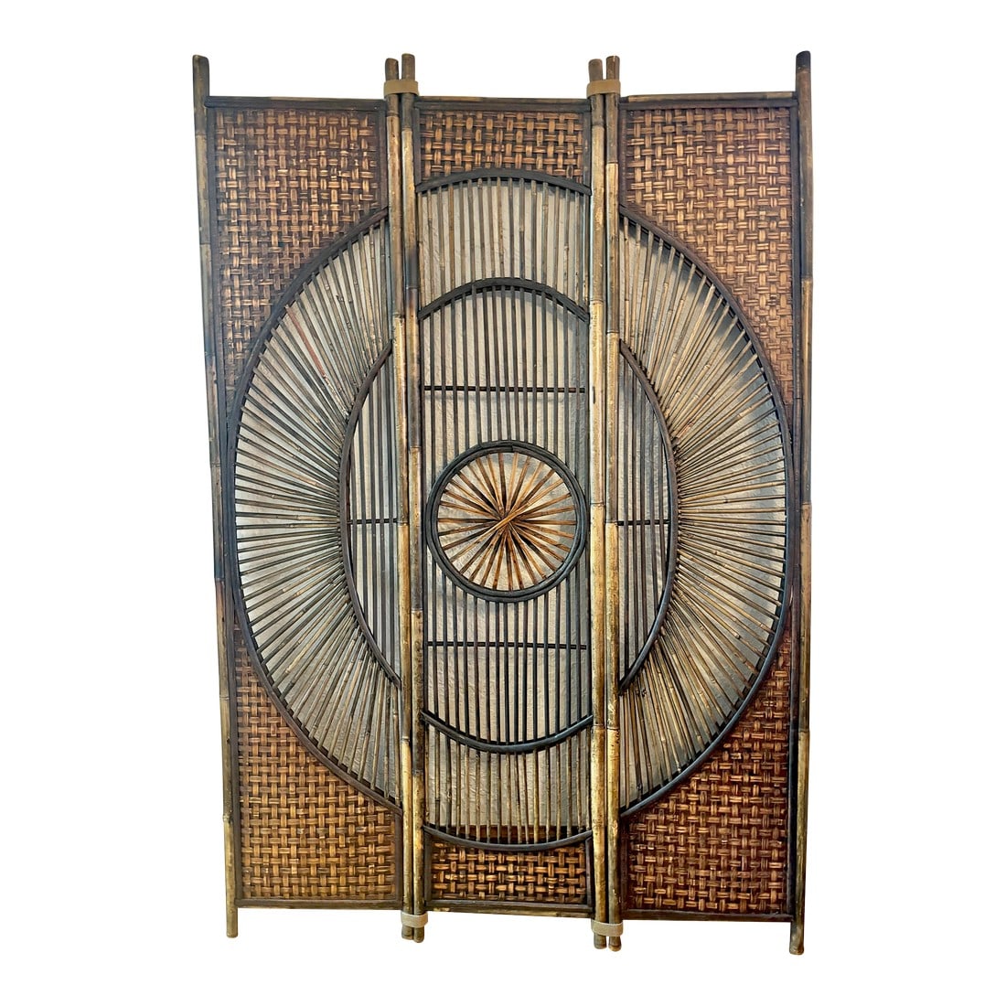 Mid 20th Century Bamboo Wicker Sunburst Folding Room Divider Screen, 3 Panel (1 of 10)