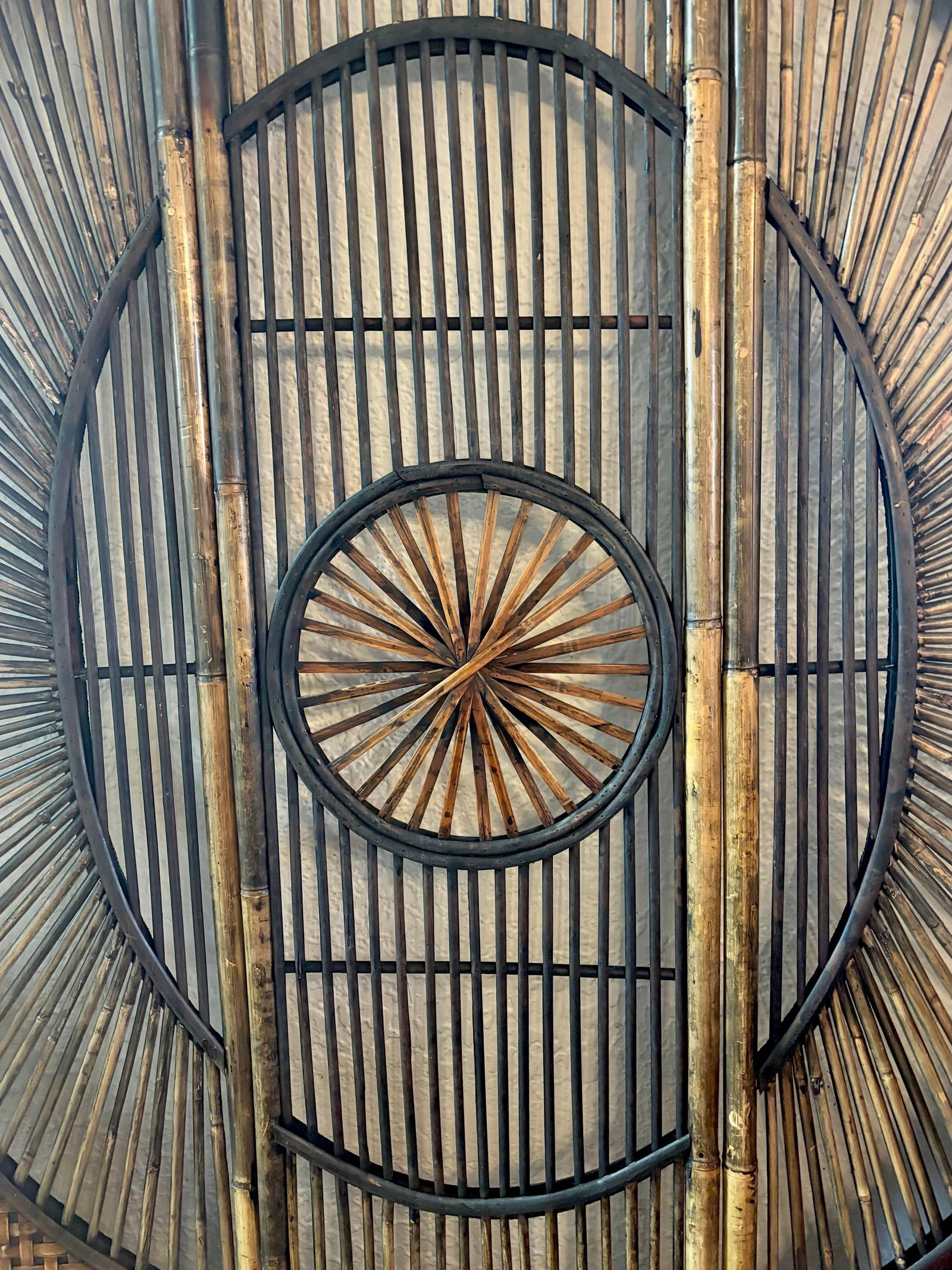 Mid 20th Century Bamboo Wicker Sunburst Folding Room Divider Screen, 3 Panel - 8