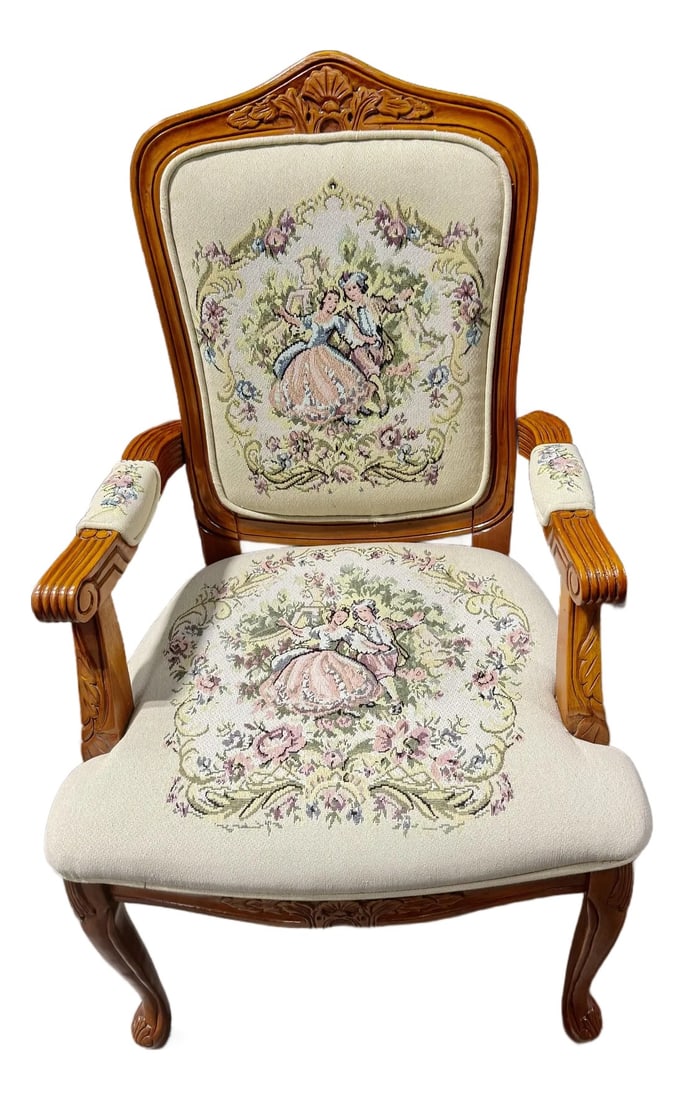 Late 20th Century Louis XV French Provincial Parlor Chair: The fine craftsmanship and artistic quality is highlighted by its exquisite needlepoint tapestry upholstery detailing a figural scene on both the backrest, seat, back of the chair along with the