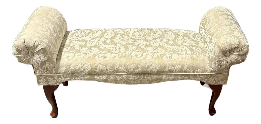 Late 20th Century Queen Anne Style Rolled Arm Bench: The Queen Anne style bench, originating in England during the 18th Century is renowned for its graceful and refined lines, featuring curved forms, cabriole legs and delicate ornamentation. The bench