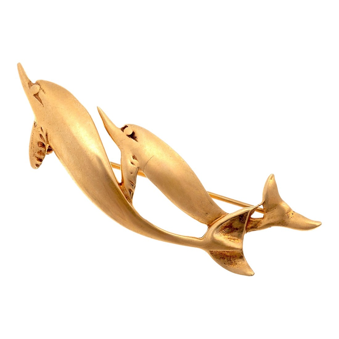 Vintage Tiffany and Company 14 Karat Yellow Gold Two Swimming Dolphins 2.4 Inch: Tiffany & Co. 14K yellow gold pin features two swimming dolphins crafted with elegant, fluid lines. The pin measures approximately 2.40 x 0.65 inches and weighs 7.0 grams. Marked "Tiffany & Co." for