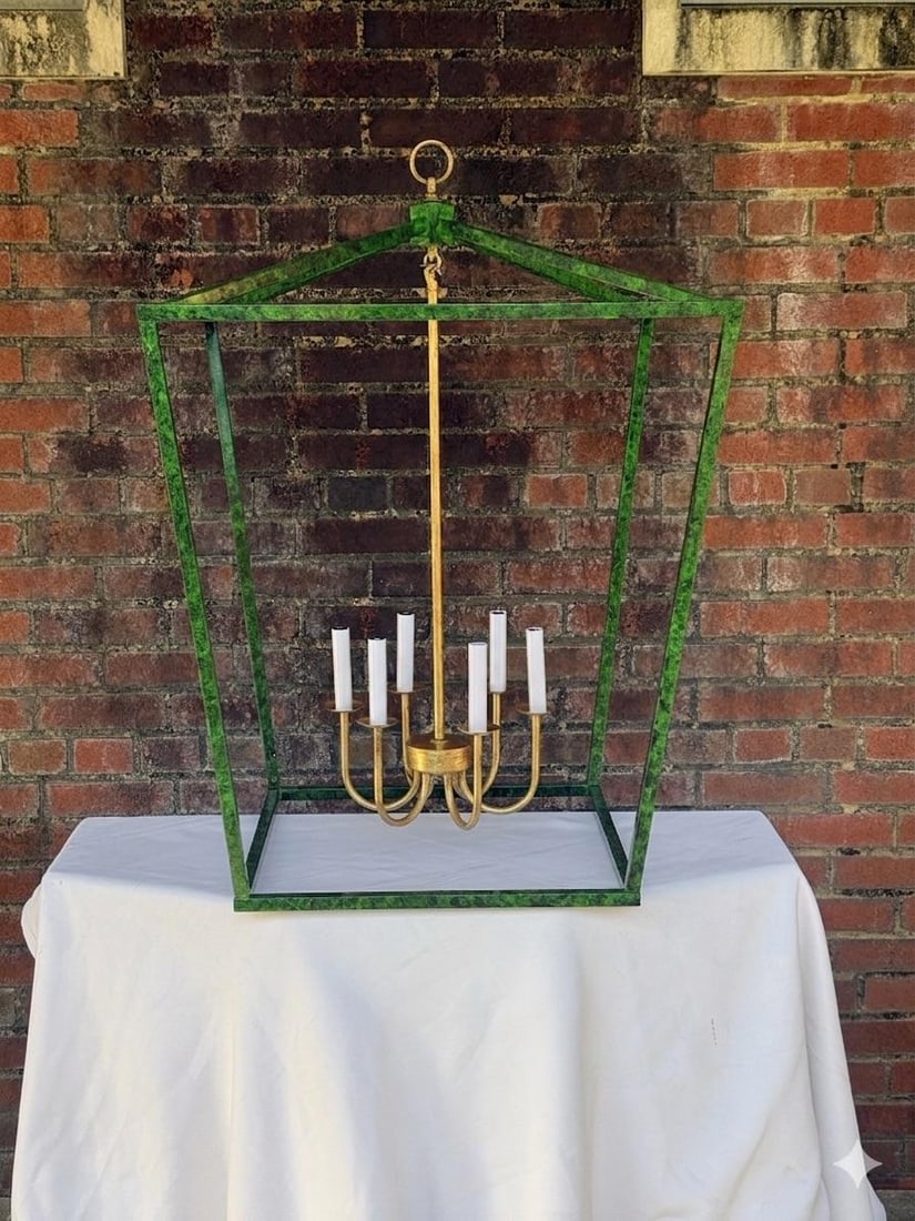 Contemporary Tony Duquette Style Faux Malachite and Hand Gilt Lantern Chandelier by Turtle and Crane - 10