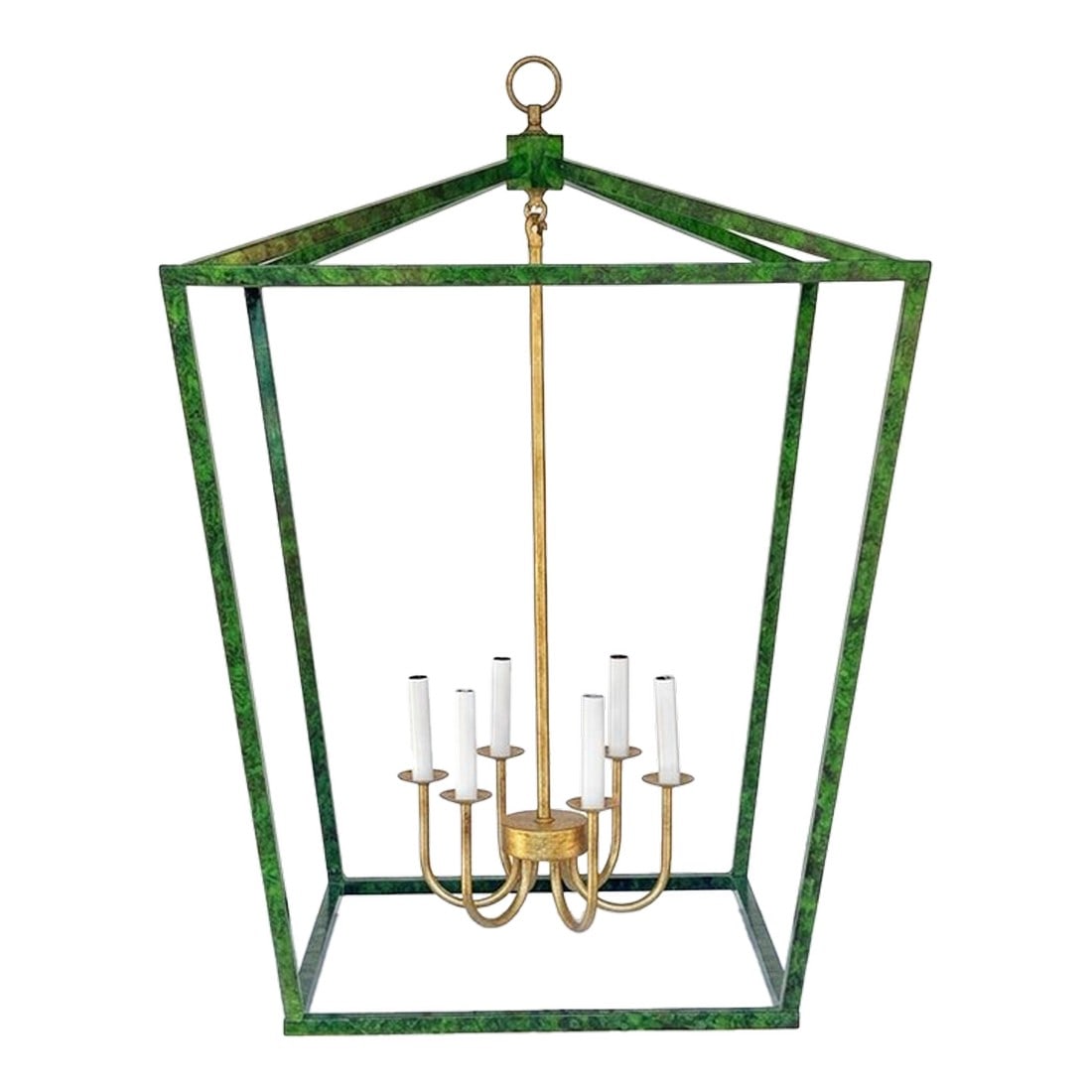 Contemporary Tony Duquette Style Faux Malachite and Hand Gilt Lantern Chandelier by Turtle and Crane: Turning the Past into Stunning Decor for Today. This breathtaking, one-of-a-kind geometric lantern chandelier is a bespoke masterpiece curated and meticulously hand-finished by Turtle and Crane. Desig
