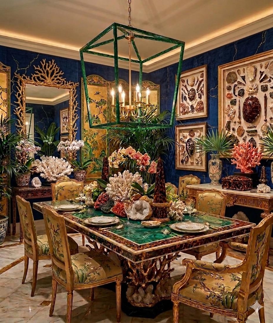 Contemporary Tony Duquette Style Faux Malachite and Hand Gilt Lantern Chandelier by Turtle and Crane - 2