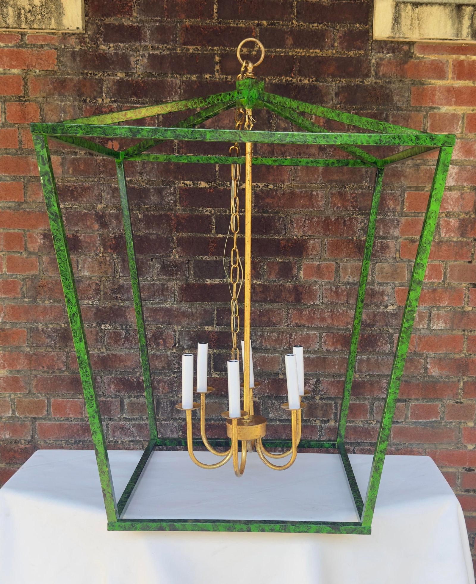 Contemporary Tony Duquette Style Faux Malachite and Hand Gilt Lantern Chandelier by Turtle and Crane - 3