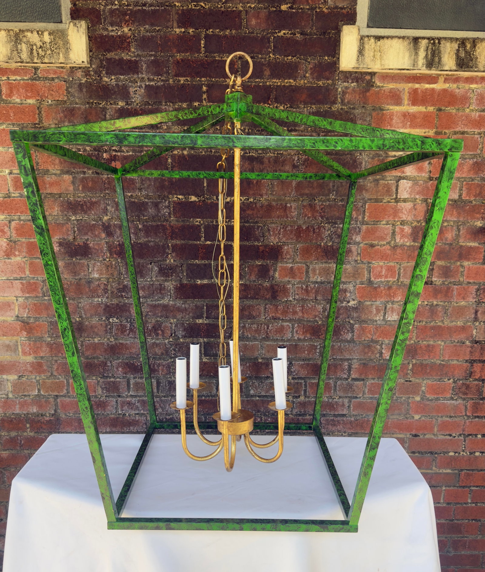 Contemporary Tony Duquette Style Faux Malachite and Hand Gilt Lantern Chandelier by Turtle and Crane - 5