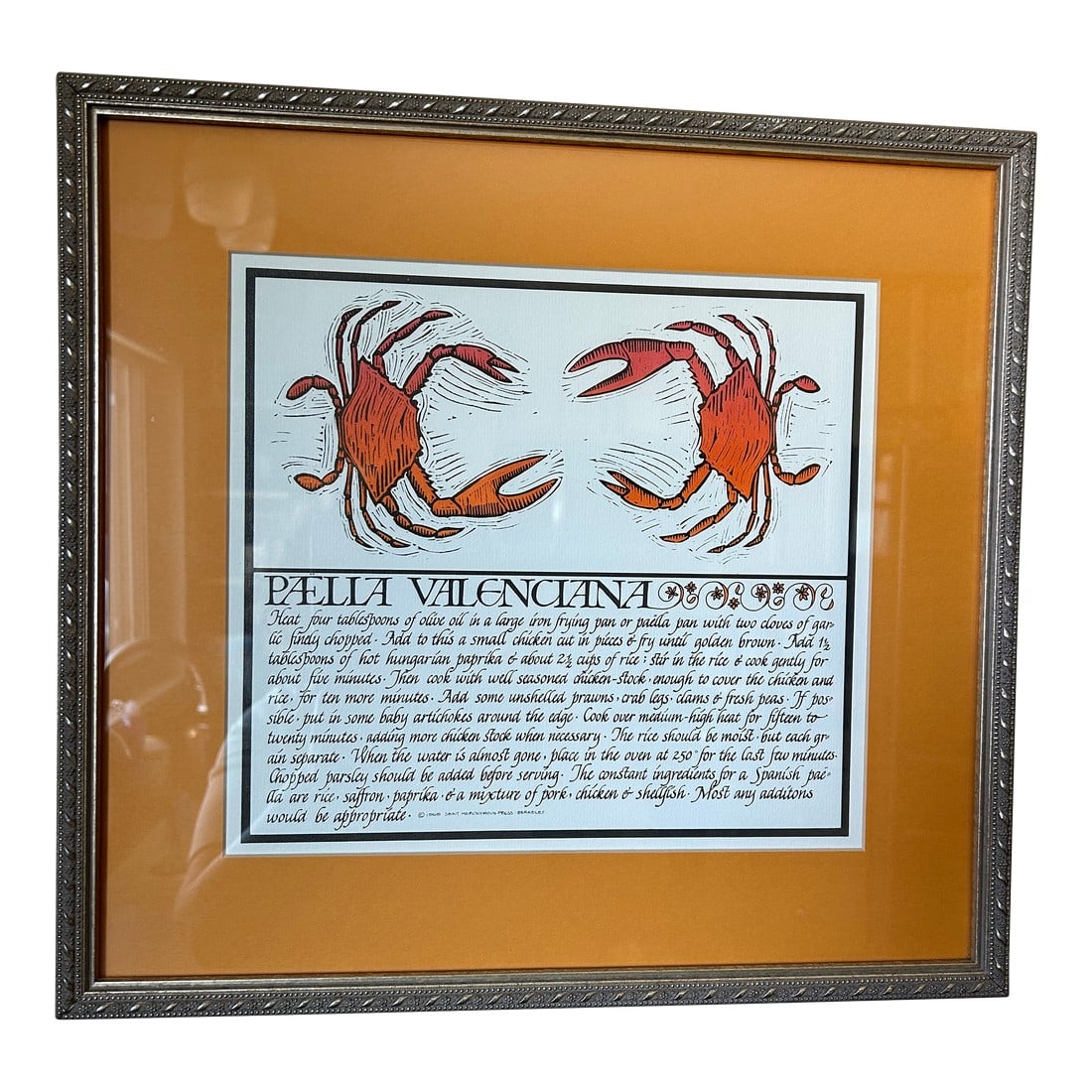 Mid-Century Calligraphed Recipes - Set of 13: Set of 13 Framed original prints calligraphed by David L. Goines. The recipes are by Alice Louise Waters, who was an American chef, restaurateur and author. In 1971, she opened "Chez Panisse" in