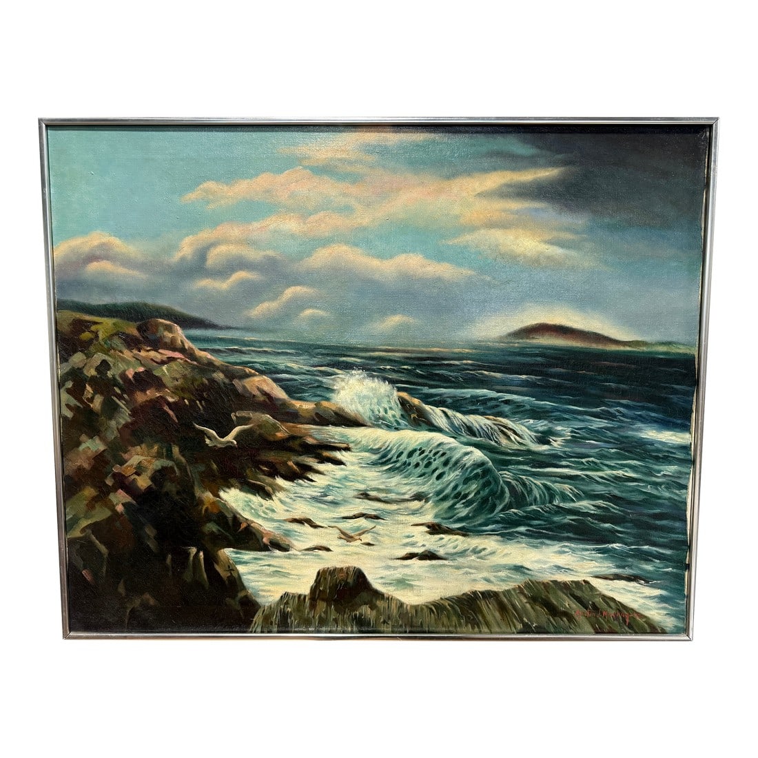 Martin J. Murray (American, 1908–1997) "Incoming Fog, Maine Coast" 1977: Martin J. Murray Incoming Fog, Maine Coast, 1977 Oil on canvas coastal landscape by Martin J. Murray (Rhode Island, 1908–1997), signed in red at the lower right and dated "'77," with the artist'