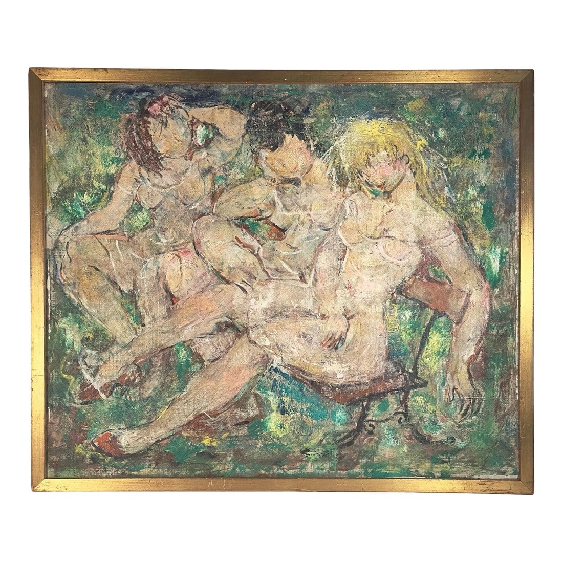 Mid Century Expressionist Oil Painting of Three Nude Women Sensual Figurative Original in Gilt Frame: Three women, unguarded and completely at ease in their own skin "” draped across one another in a composition that feels less posed and more caught in a private, fleeting moment. This is the
