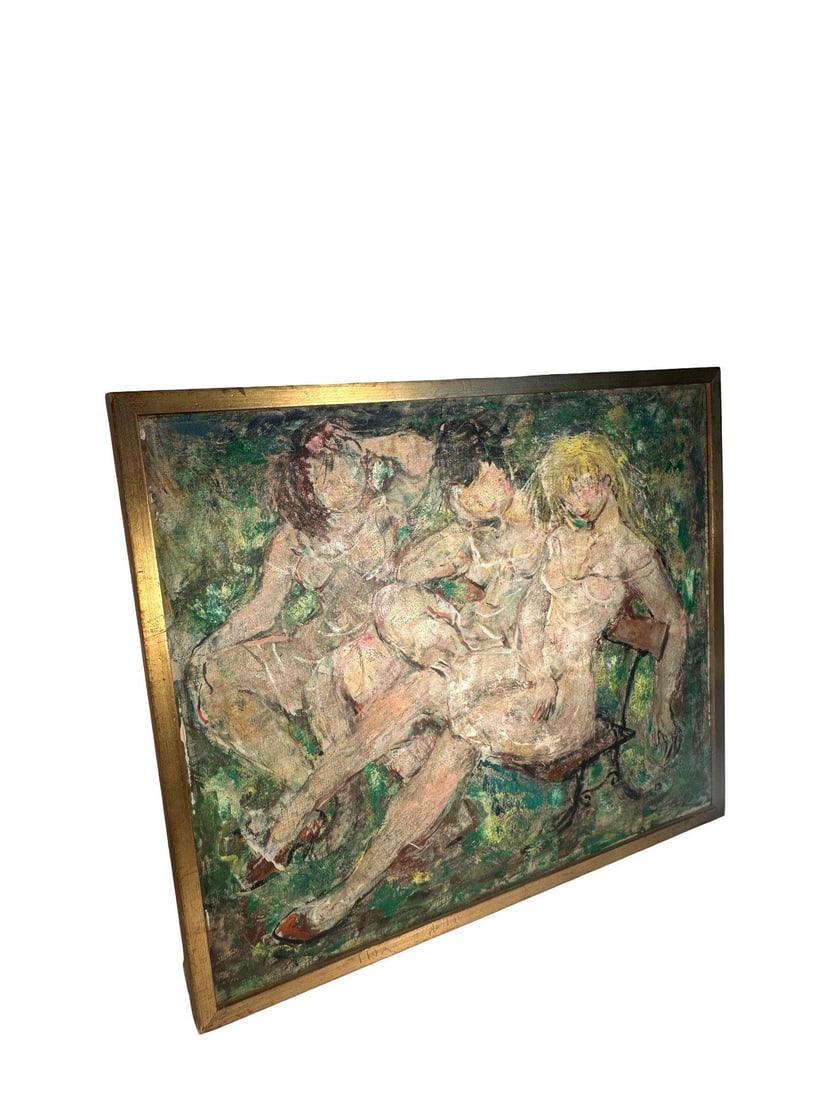 Mid Century Expressionist Oil Painting of Three Nude Women Sensual Figurative Original in Gilt Frame - 4