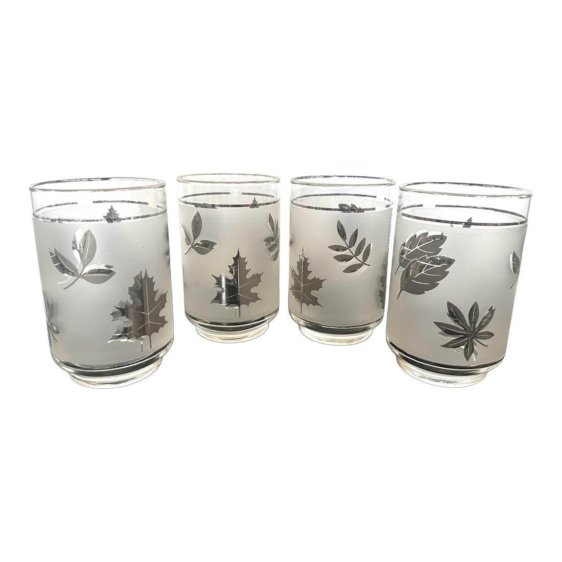 Vintage Mid-Century Modern Libbey Silver Leaf Motif Tumbler Glasses - Set of 4: Vintage Libbey Silver Leaf Motif Glass Tumblers a set of 4. Perfect for a MCM vibe. Pair with any glass cocktail shaker and you will be set. I also have the matching mini rock glasses in another listi
