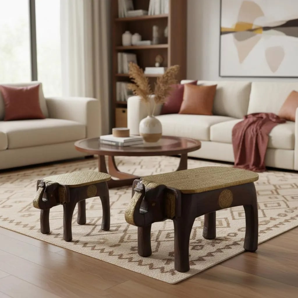 1960s Hand Carved Elephant Footstools Set of 2 | Hammered Brass Inlay Mango Wood Bench | Unique Indi - 2