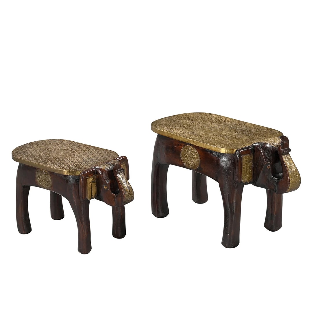 1960s Hand Carved Elephant Footstools Set of 2 | Hammered Brass Inlay Mango Wood Bench | Unique Indi - 3
