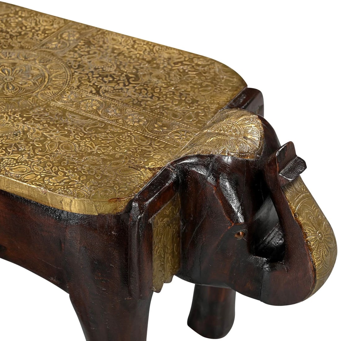 1960s Hand Carved Elephant Footstools Set of 2 | Hammered Brass Inlay Mango Wood Bench | Unique Indi - 4