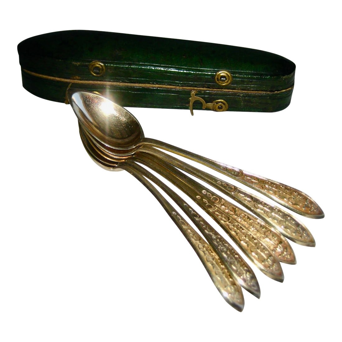Early 19th Century French Neoclassic Style Silver-Gilt Spoon in Case - Set of 6: We have here a splendid and rare set of six french silver-gild dessert or coffee spoons , the silver mark is the old french mark that was used in the late 17 hundreds to the early 18 hundreds , it