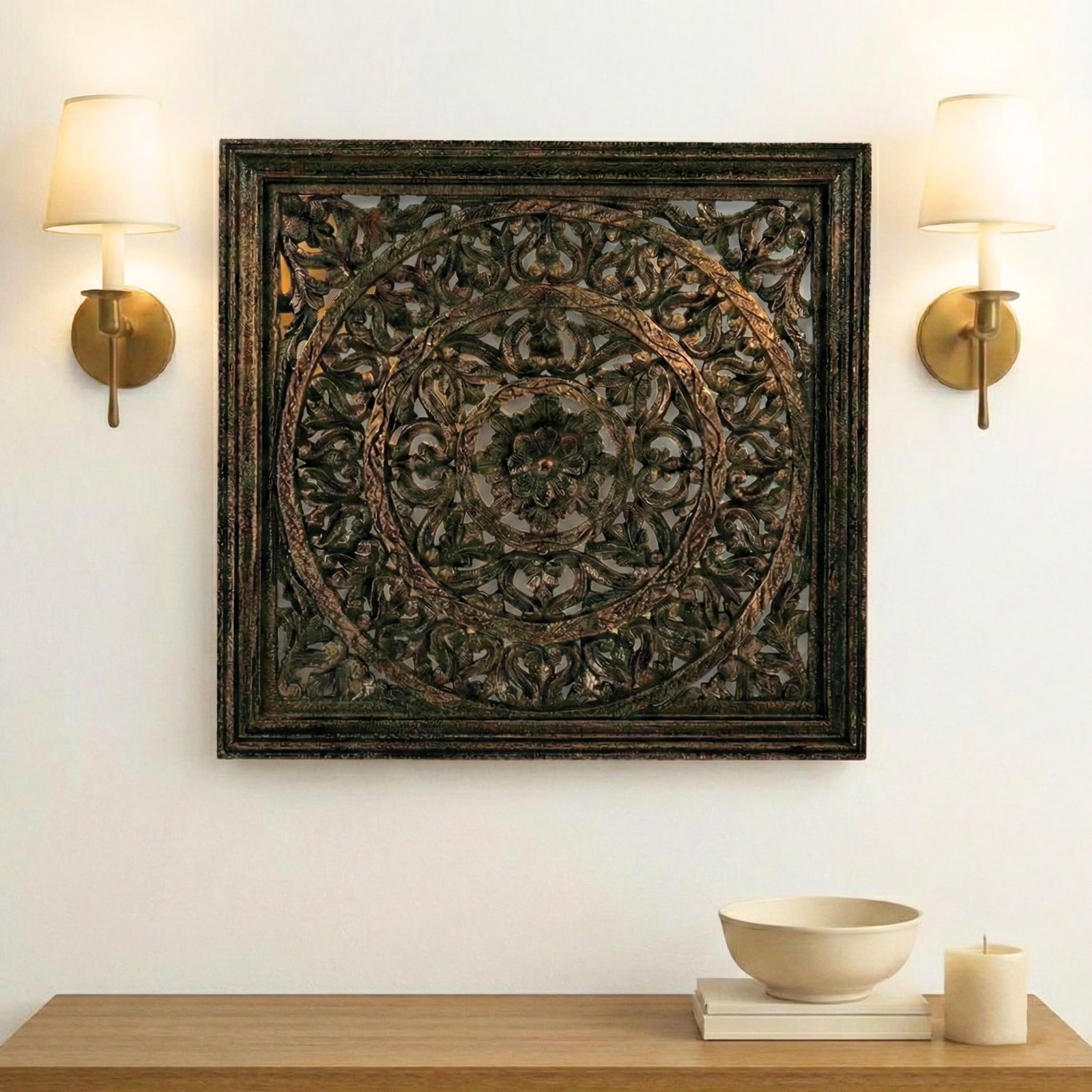 Black Carved Wood Wall Panel | 24 Inch Indian Jali Wall Decor | Large Mandala Hanging Panel | Modern - 2