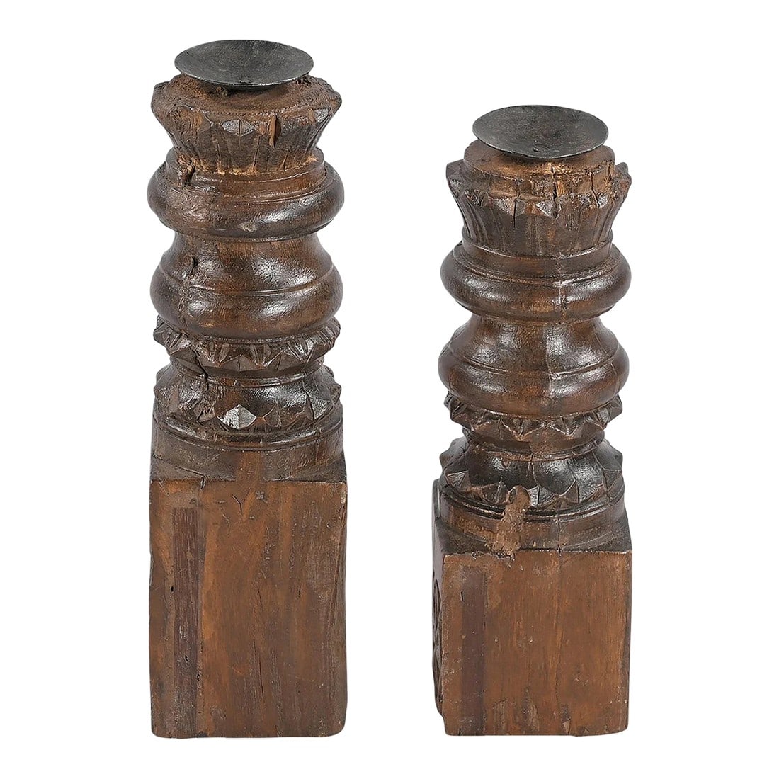 Vintage Repurposed Wood Candlesticks Set of 2 | Rustic Farmhouse Candle Holders | Hand Carved Archit: Breathe new life into your home with a touch of architectural history. This exquisite set of 2 vintage carved column repurposed rustic candlesticks brings the soulful charm of an old world estate