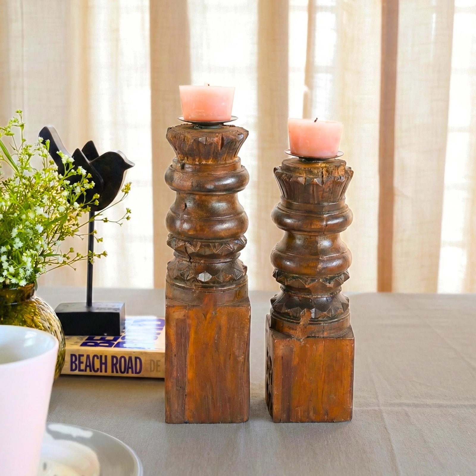 Vintage Repurposed Wood Candlesticks Set of 2 | Rustic Farmhouse Candle Holders | Hand Carved Archit - 2