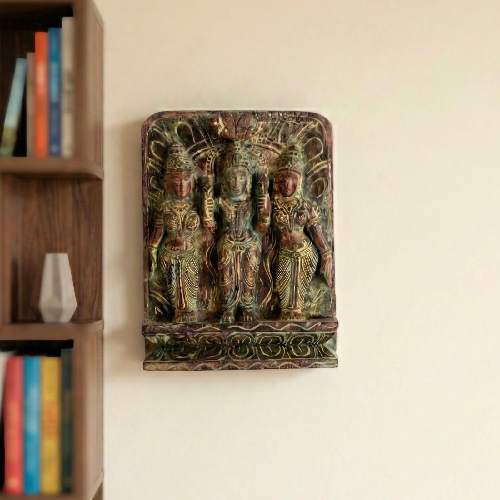 Hand Carved Vintage Wooden Krishna and Gopis Wall Hanging | Handmade Vintage Indian God Wooden Statu - 2