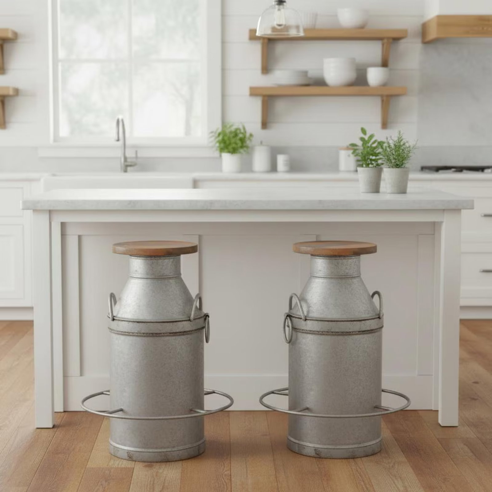 1920s Farmhouse Metal Milk Can & Wood Counter Stools, Set of 2 - 2