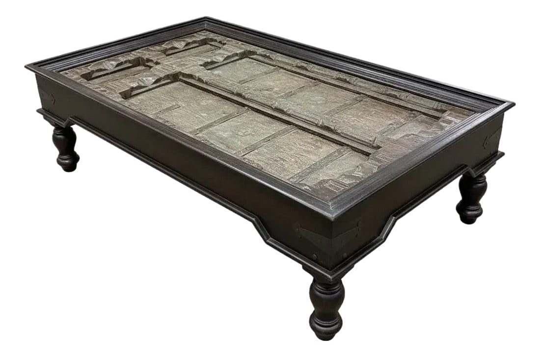 1960s Rustic Brown Solid Wood Repurposed Antique Door Coffee Table: Dimensions: 60" W x 34" D x 18.5" H Bring old-world charm and rustic character into your home with this stunning coffee table, crafted from an authentic antique hand-carved door from India. Thoughtful