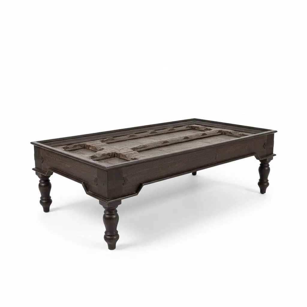 1960s Rustic Brown Solid Wood Repurposed Antique Door Coffee Table - 3