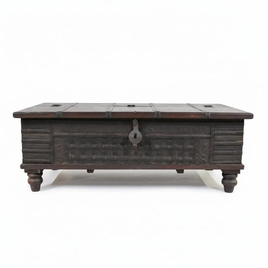 Vintage Rustic Brown Wood and Metal Chest Coffee Table with Storage - 2
