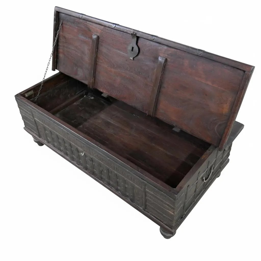 Vintage Rustic Brown Wood and Metal Chest Coffee Table with Storage - 3