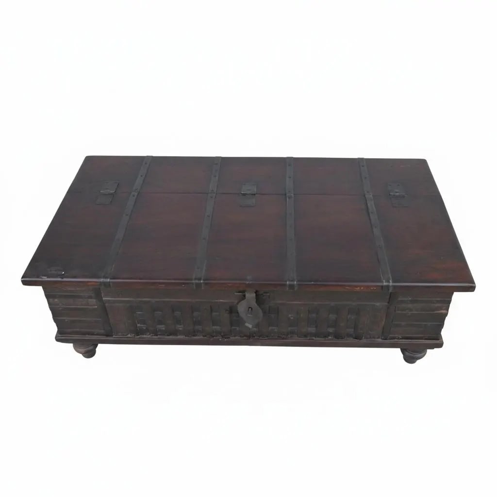 Vintage Rustic Brown Wood and Metal Chest Coffee Table with Storage - 4