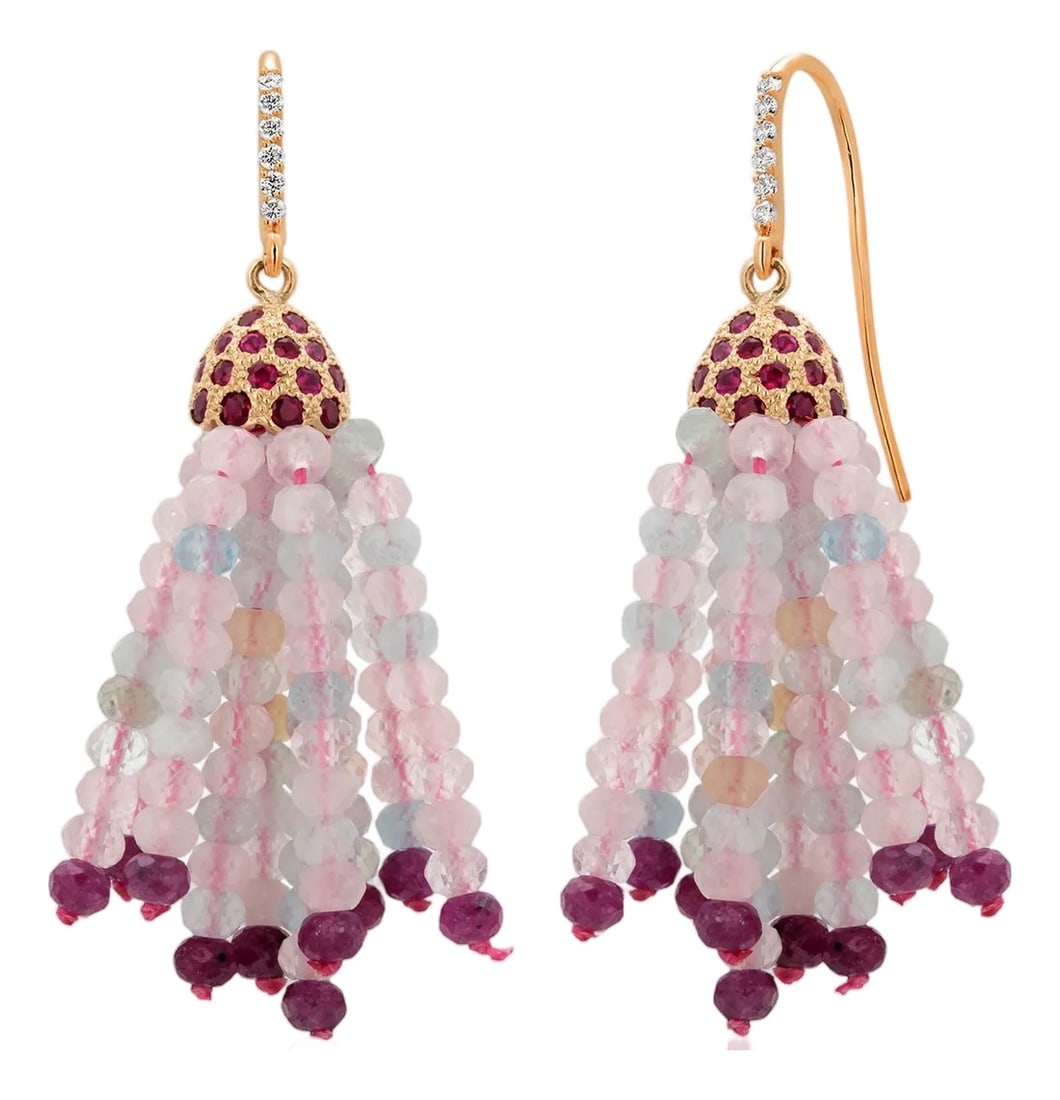 14k Yellow Gold Diamond Shepherd Hoop Drop Earrings With Ruby, Morganite & Ruby, A Pair: Elegant and expressive, these 14K yellow gold shepherd hook drop earrings beautifully combine classic fine jewelry with the vibrant appeal of gemstone bead design. The earrings feature sparkling 0.25