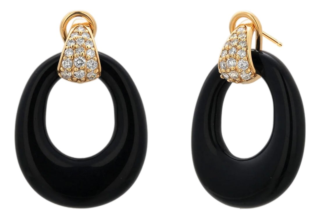 14k Yellow Gold Door Knocker Earrings, 0.58ct Diamond & Onyx, New, A Pair (1 of 9)